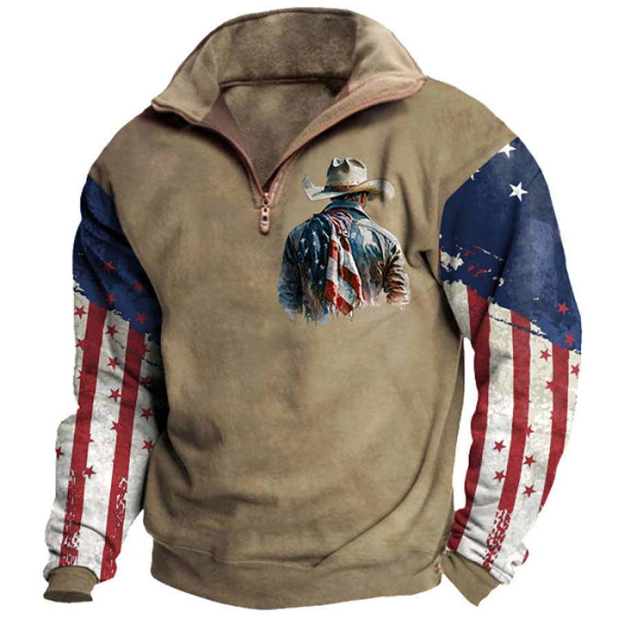 

Sudadera Para Hombre American Cowboy Con Cremallera Cuarto Y Cuello Alto Vintage Tops Diarios Caqui