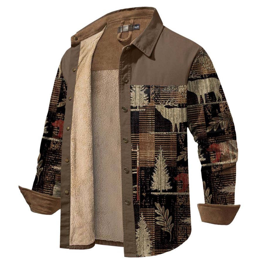 

Мужская винтажная флисовая теплая лоскутная вельветовая куртка в этническом стиле с медведем и оленем цвета хаки