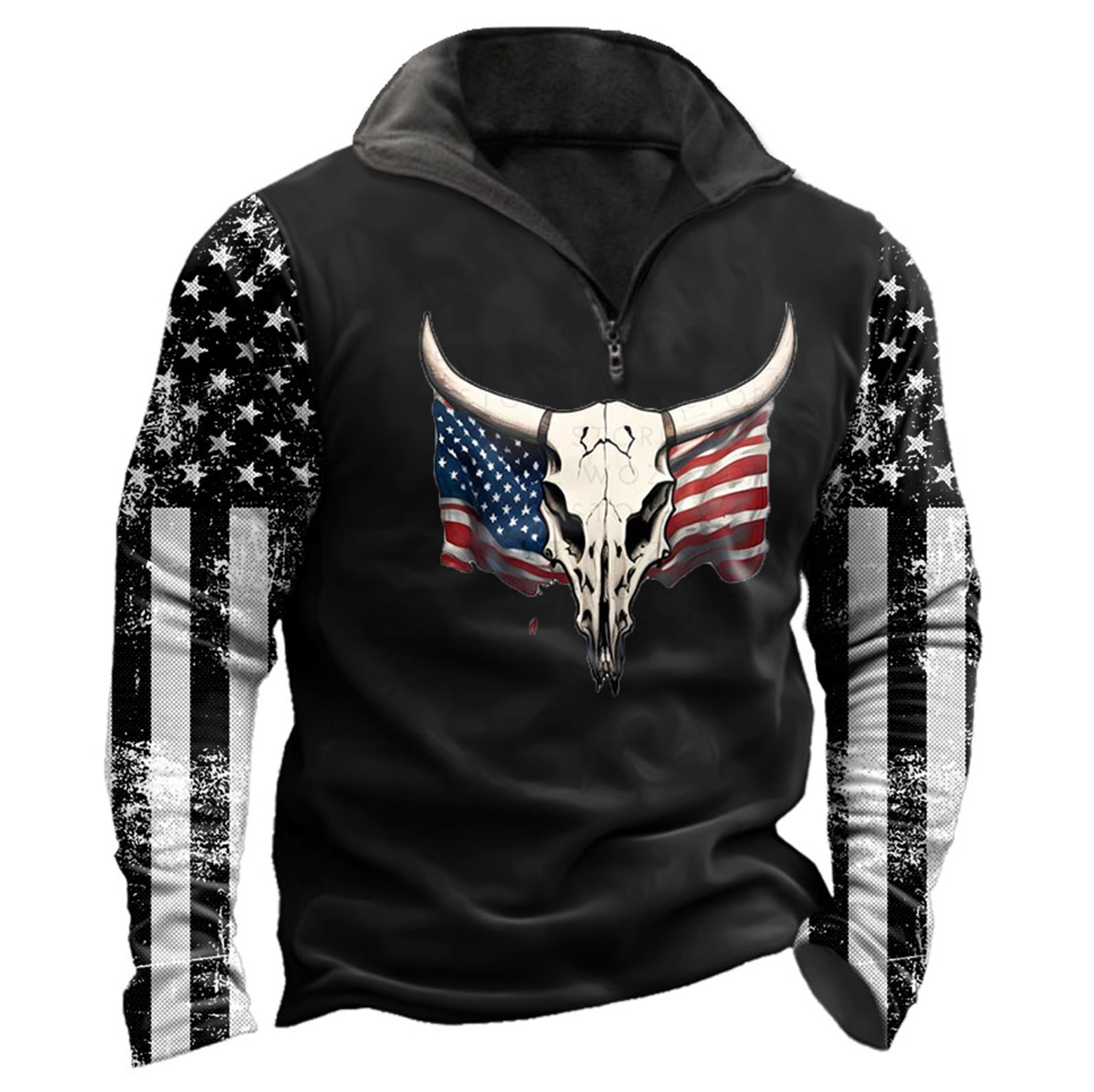 Men's Sweatshirt American Flag Deer Quarter Zip Vintage Daily Tops