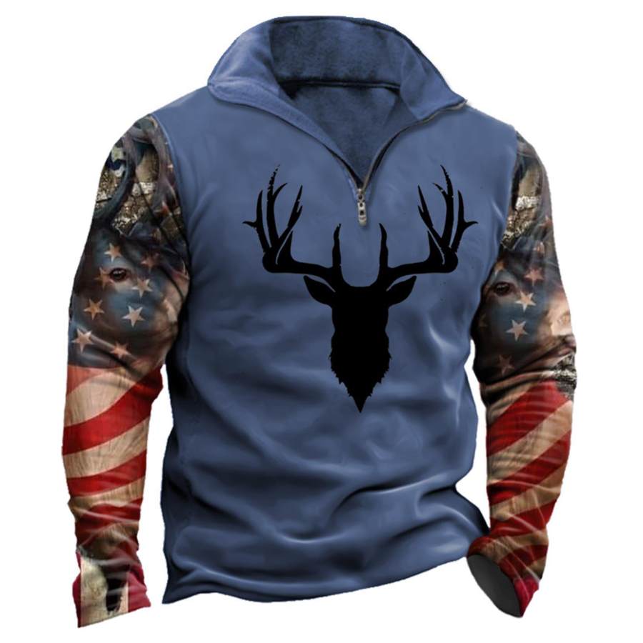 

Men's Sweatshirt American Flag Deer Quarter Zip Vintage Daily Tops