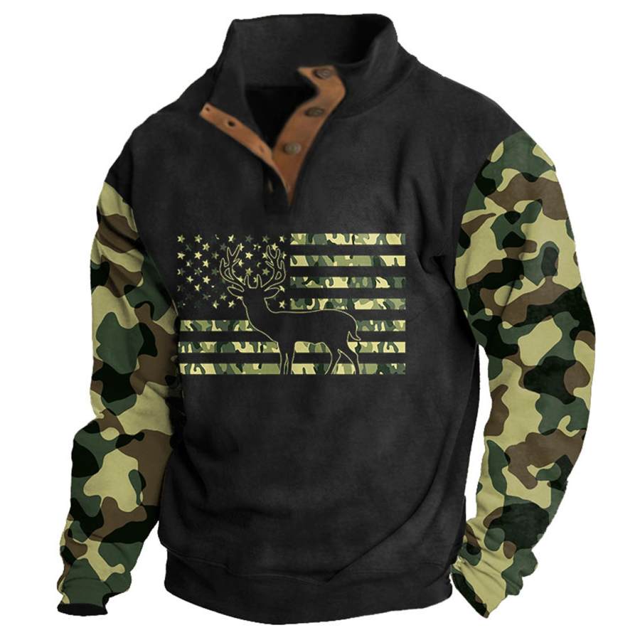 

Men's Sweatshirt American Flag Deer Camo Stand Collar Buttons Vintage Daily Tops