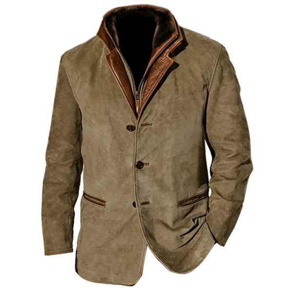 Plus Size Men Vintage Fleece Suede Blazer Double Layer Lapel Fur Leather Collar Medium Length Coats - Cotosen.com