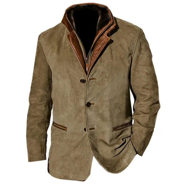 Plus Size Men Vintage Carlsbad Calfskin Leather Blazer With Merino Shearling Collar - Ootdyouth.com 