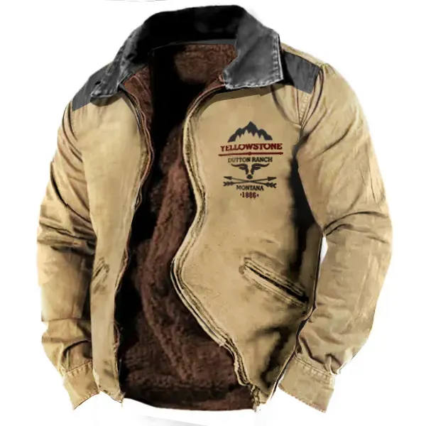 Men's Plush Fleece Warm Lining Vintage Yellowstone Zipper Tactical Outdoor Jacket - Blaroken.com 