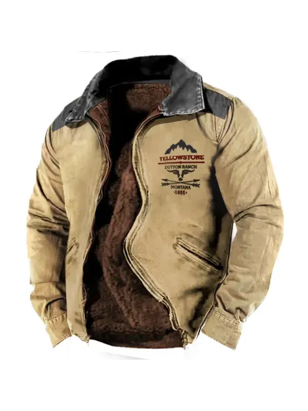 Men's Plush Fleece Warm Lining Vintage Yellowstone Zipper Tactical Outdoor Jacket - Valiantlive.com 