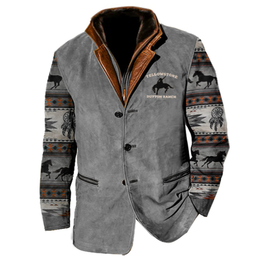 

Chaqueta De Lana Vintage Yellowstone Para Hombre Chaqueta Táctica Con Forro Polar De Color En Contraste Con Cuello De Cuero Doble Y Estampado étnico