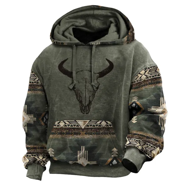 Men's Outdoor Casual Retro Western Ethnic Style Contrasting Print Pull-up Hooded Sweatshirt - Ootdyouth.com 