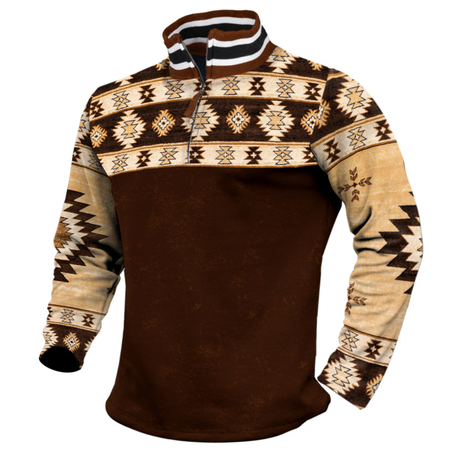 

Herren Outdoor Casual Retro Western Ethno-Stil Kontrastdruck Reißverschluss Stehkragen Pullover