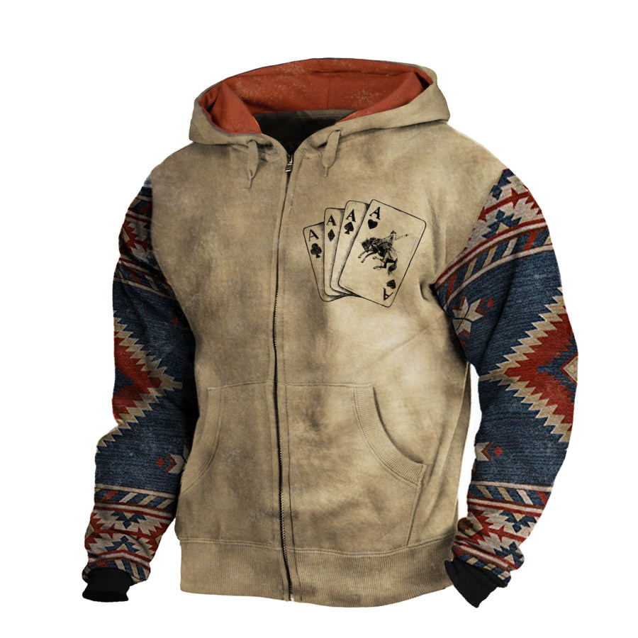 

Sudadera Con Capucha Y Cremallera Con Estampado De Contraste De Estilo étnico Occidental Retro Informal Para Hombre Al Aire Libre