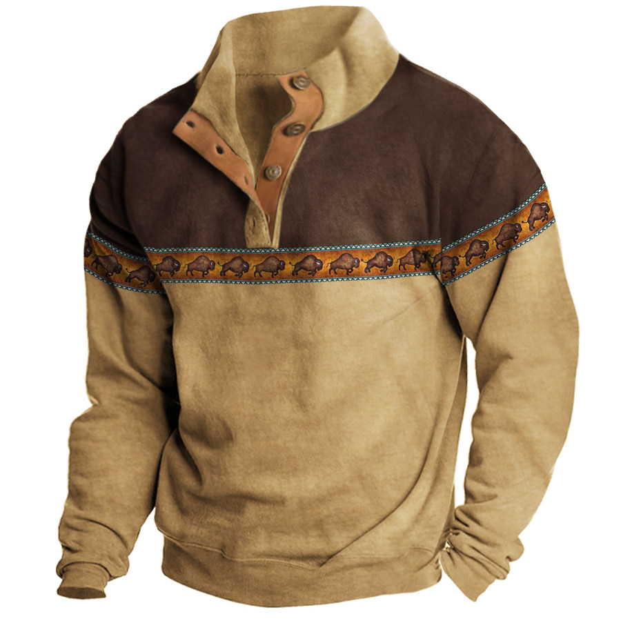 

Pullover Da Uomo Con Colletto Alla Coreana A Colori A Contrasto Con Stampa Etnica Occidentale Retrò All'aperto