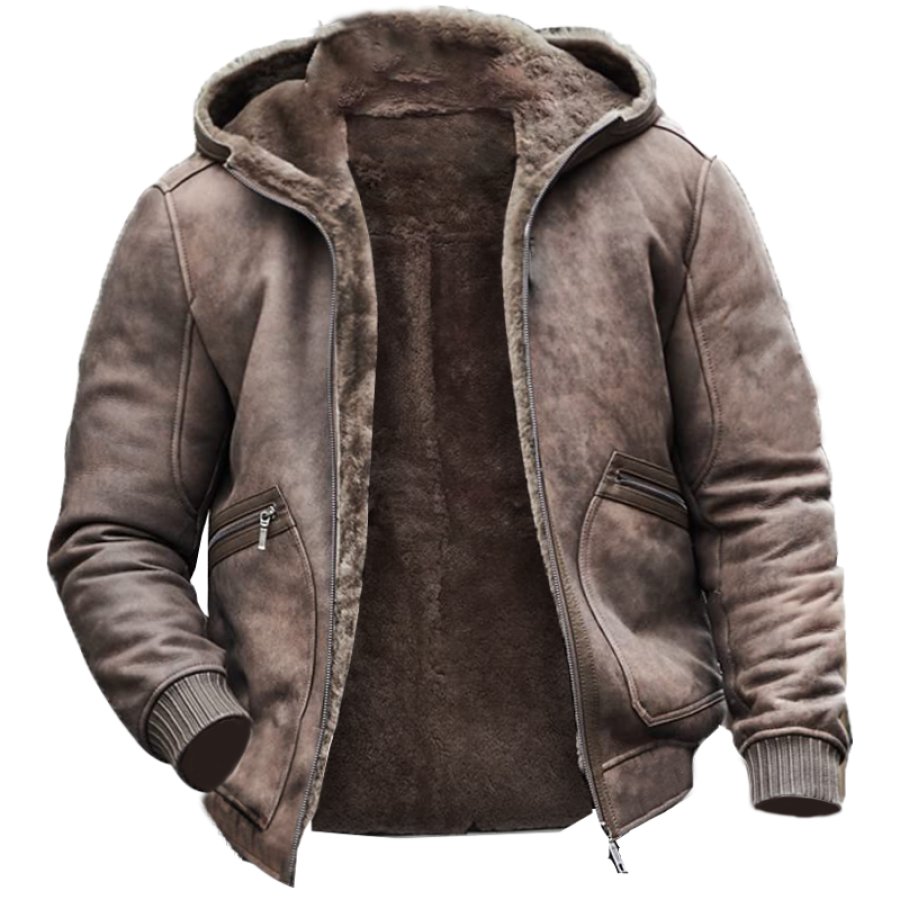 

Мужская короткая дубленка летная куртка с капюшоном толстое теплое фланелевое зимнее короткое замшевое пальто