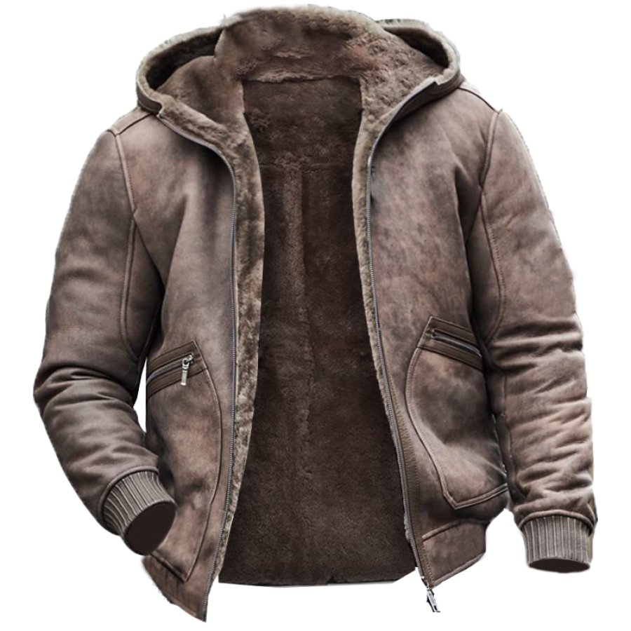 

Chaqueta De Piel De Oveja Para Hombre Chaqueta De Vuelo Con Capucha Gruesa Cálida De Franela Abrigo Corto De Ante Para Invierno