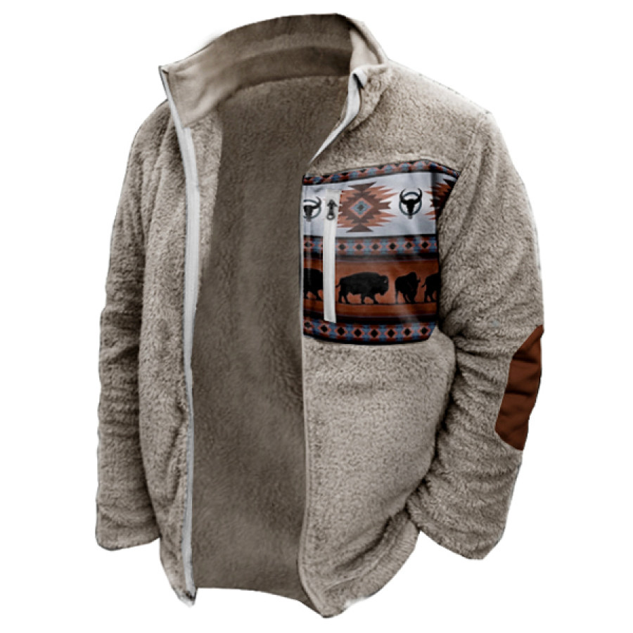 

Chaqueta De Forro Polar Con Bolsillo Con Cremallera Y Estampado étnico Retro Para Hombre Cárdigan Con Cremallera Completa De Forro Polar Cálido Para Exteriores