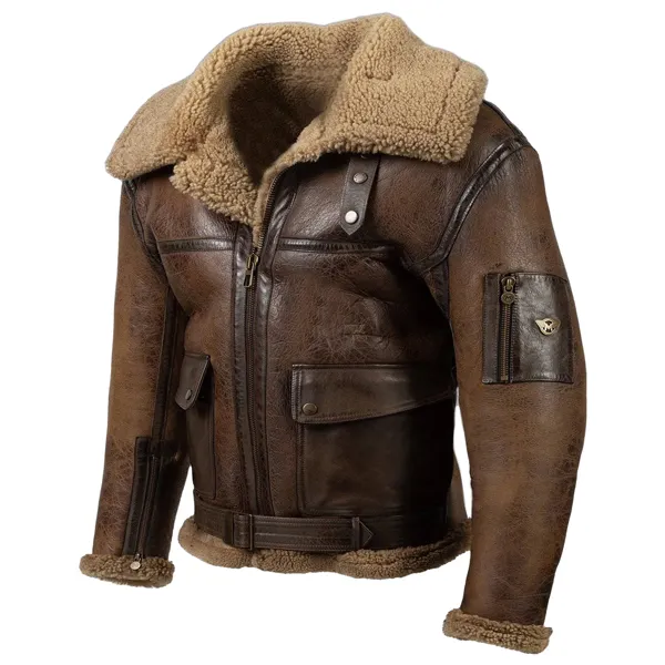 Men Vintage Distressed Real Fur RAF B3 Bomber Genuine Sheepskin Leather Jacket - Blaroken.com 