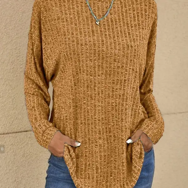 Women's Solid Color Knitted Casual Round Neck Long Sleeve Top - Cotosen.com