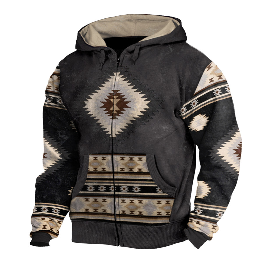 

Felpa Cardigan Con Cappuccio Con Cerniera E Stampa A Contrasto In Stile Etnico Occidentale Retrò Casual All'aperto Da Uomo