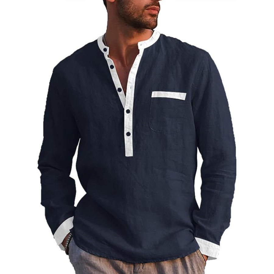 

Chemise Henley à Manches Longues Pour Hommes Chemise Bloc De Couleurs En Coton Et Lin Poche Poitrine