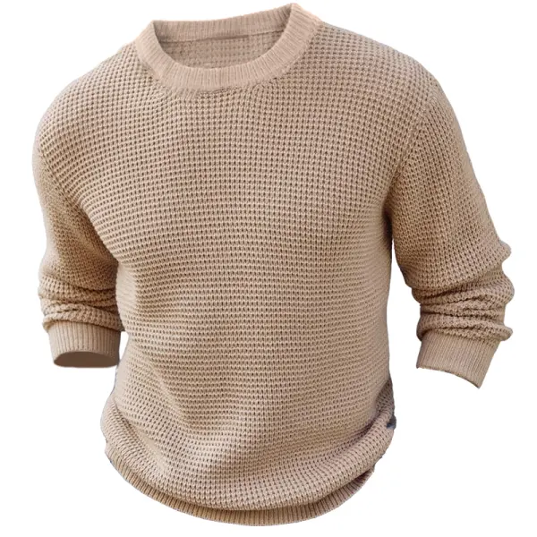 Mens Crewneck Thick Pullover Sweater Waffle Textured Long Sleeve Knitted Sweaters - Ootdyouth.com 