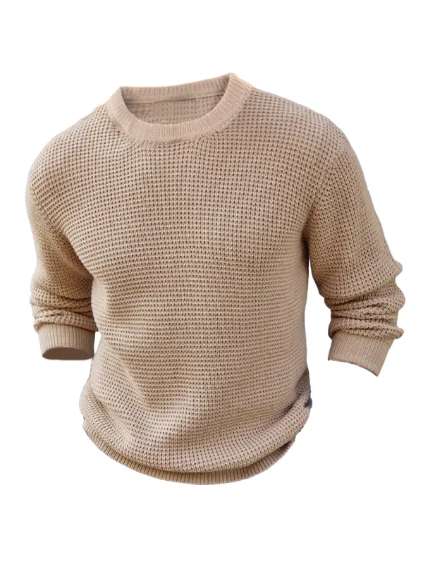 Mens Crewneck Thick Pullover Sweater Waffle Textured Long Sleeve Knitted Sweaters - Ootdmw.com 