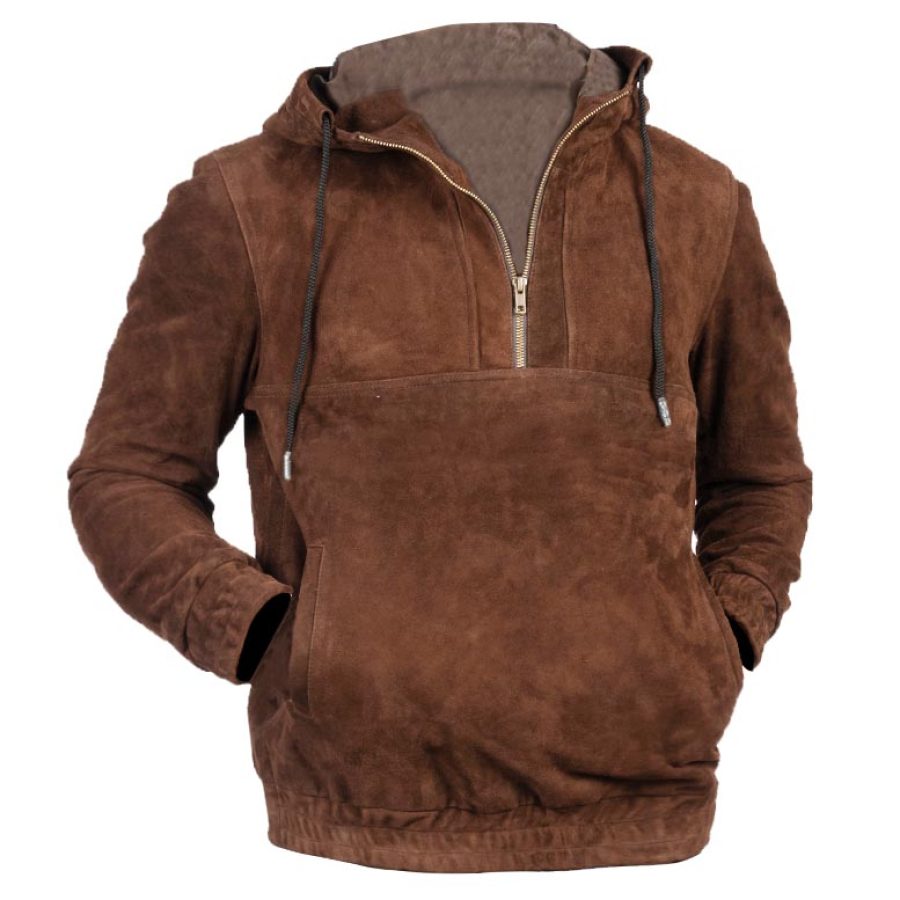 

Felpa Con Cappuccio Da Uomo Con Mezza Zip Tasca In Pelle Scamosciata Vintage Manica Lunga Top Quotidiano Marrone