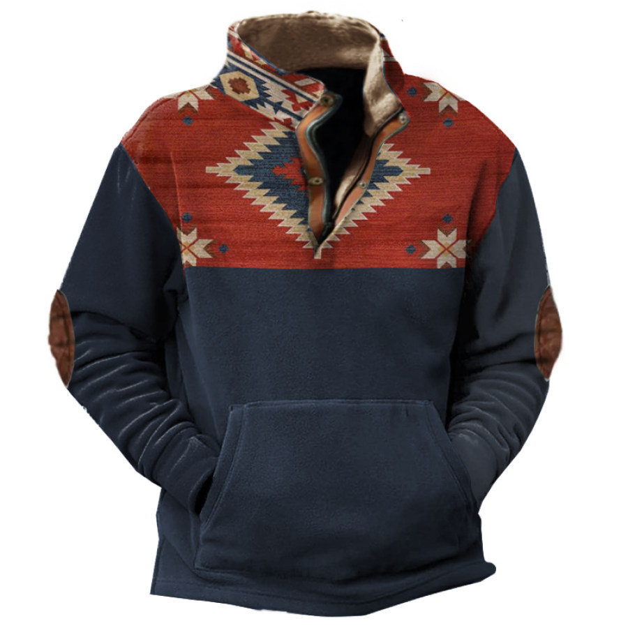 

Sweat-shirt Henley En Polaire à Motifs Ethniques Occidentaux Vintage Pour Hommes Veste Chaude Avec Poche Pour L'extérieur