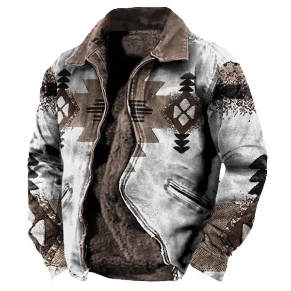 Men's Fleece Shirt Jacket Retro Western Ethnic Print - Cotosen.com