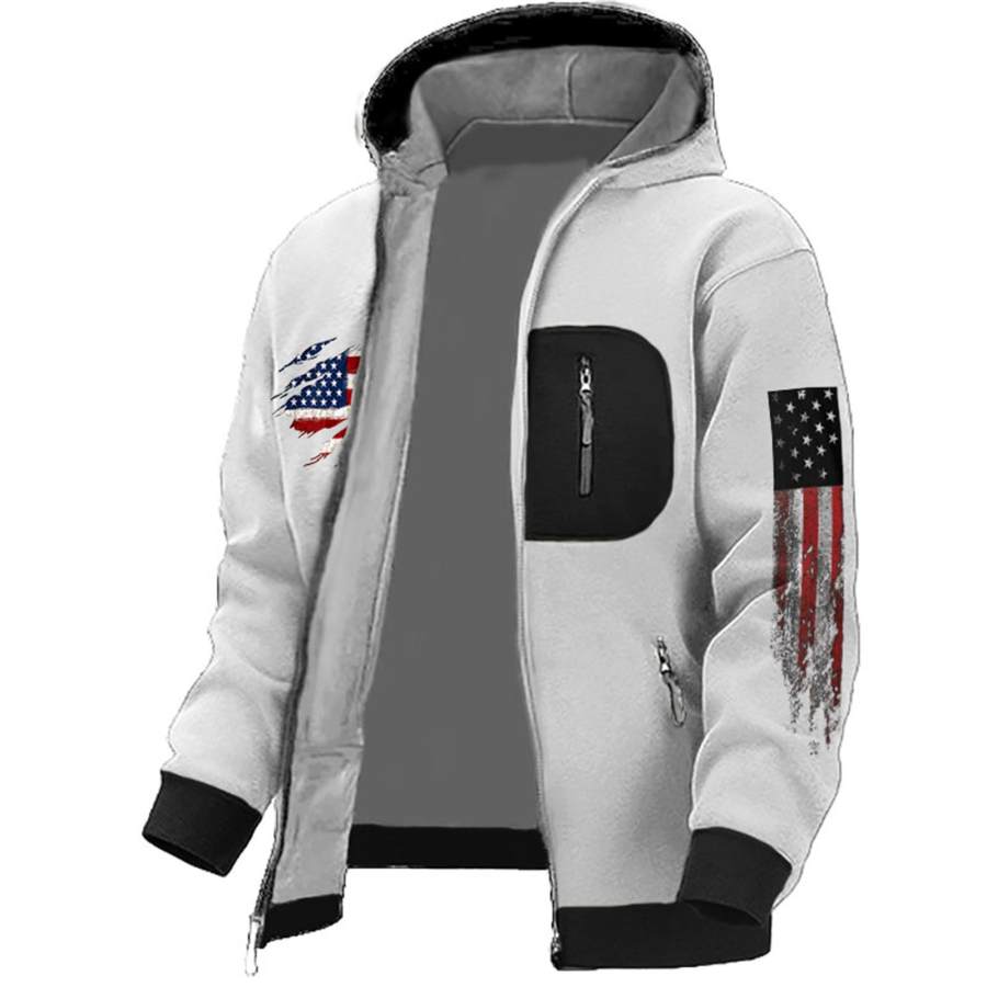 

Chaqueta Con Capucha Y Cremallera Para Hombre Estilo Vintage Con Estampado De Bandera Americana Color Block Informal Para Exteriores Para Uso Diario