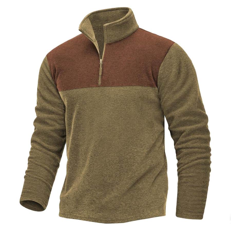 

Sudadera Con Cuello Levantado Y Cremallera De Un Cuarto Con Bloques De Color De Forro Polar Vintage Para Hombre Verde Oliva