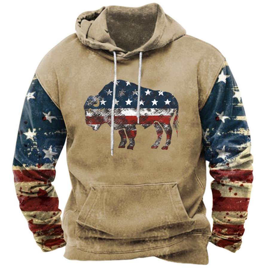 

Sudadera Con Capucha Para Hombre Estilo Vintage Con Bandera Occidental Americana Bolsillo De Búfalo Manga Larga Para Uso Diario