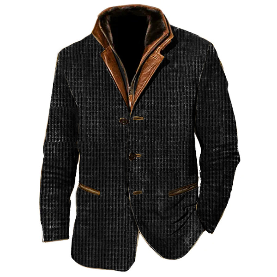 

Hombres Vintage Waffle Blazer Doble Capa Solapa Piel Cuello De Cuero Abrigos De Longitud Media