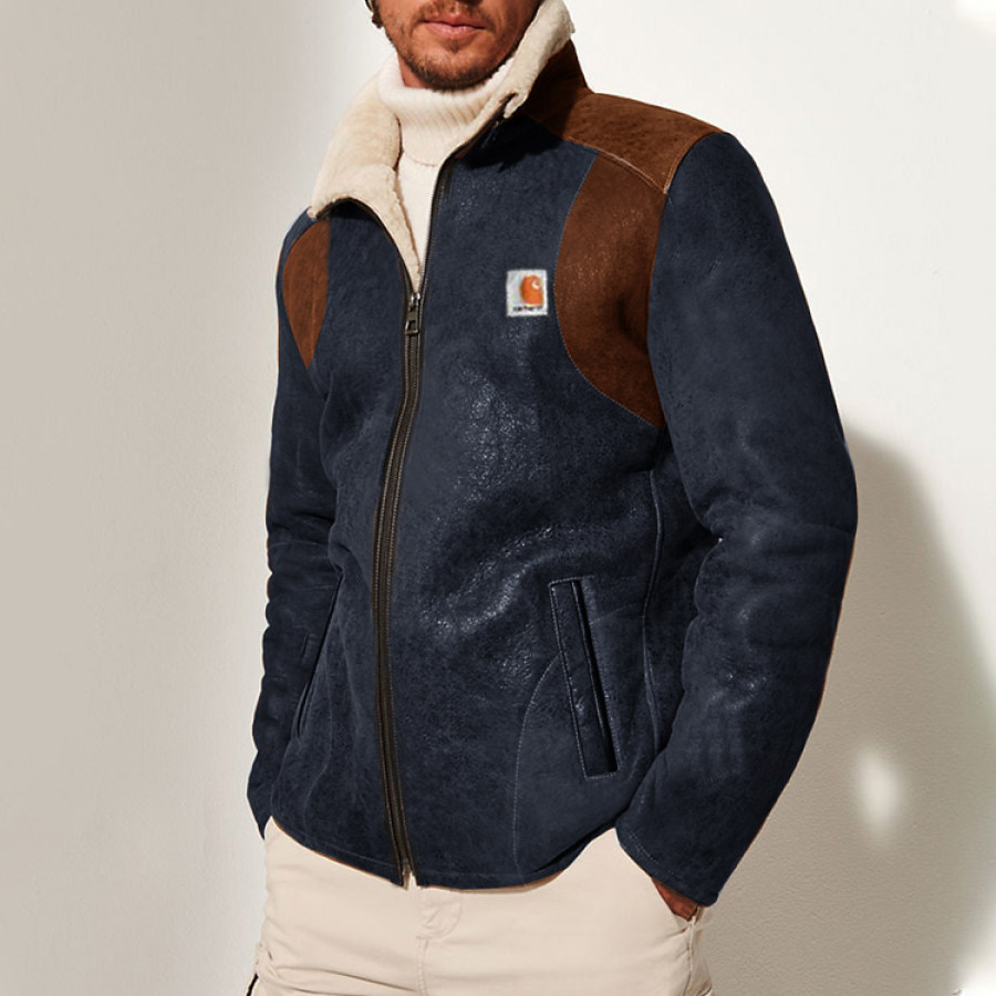 

Chaqueta De Piel De Ciervo Con Forro Polar Vintage Para Hombre Con Bolsillo Para Exteriores Abrigo Cálido De Color En Contraste Para Motocicleta