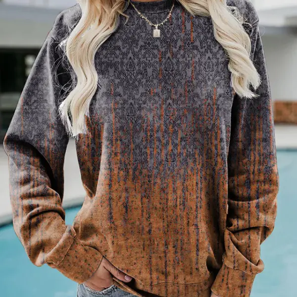 Women's Retro Ethnic Contrast Printed Round Neck Sweatshirt - Cotosen.com