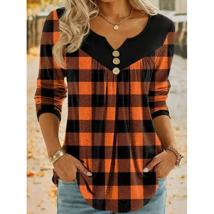 

Damen Retro V-Ausschnitt Smocked Christmas Plaid Print Top Langarm T-Shirt