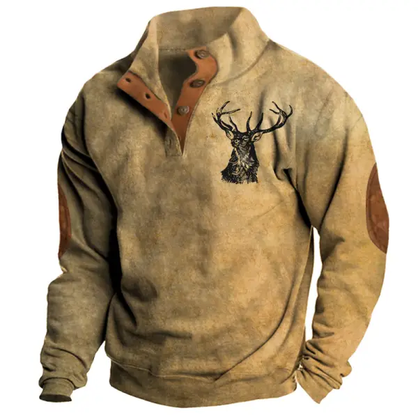 Men's Half Open Collar Sweatshirt Vintage American Deer Print - Blaroken.com 
