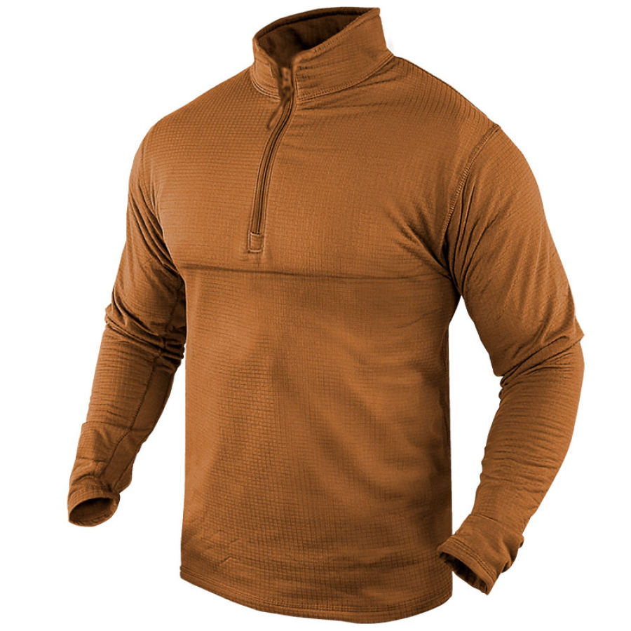 Men's Half-zip T-shirt Double-checkered Polar Fleece Warm Stand Collar