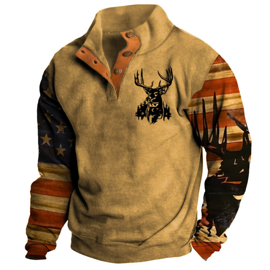 

Herren-Sweatshirt Mit Halboffenem Kragen Vintage-Druck Mit Amerikanischem Hirsch Und Amerikanischer Flagge