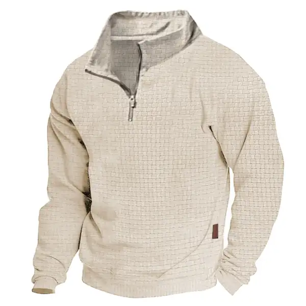 Men's Sweatshirt Quarter Zip Jacquard Plaid Stand Collar Vintage Daily Tops - Cotosen.com