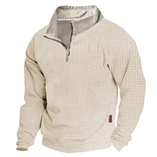 Men's Sweatshirt Quarter Zip Jacquard Plaid Stand Collar Vintage Daily Tops - Blaroken.com 