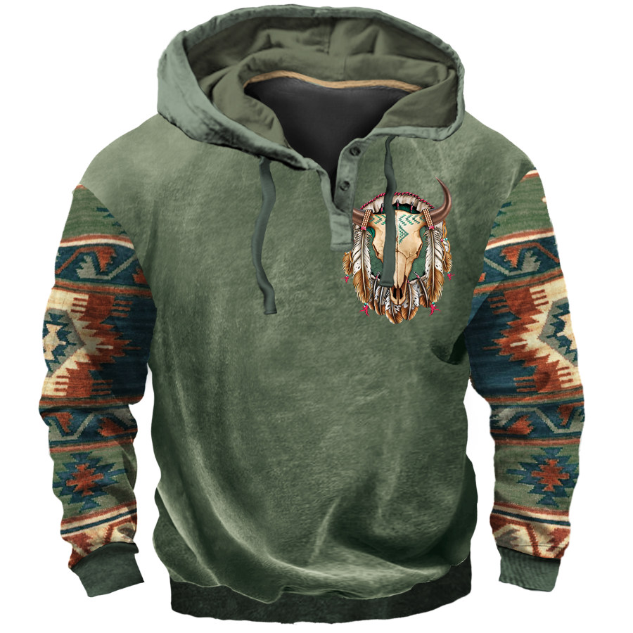 

Men's Retro Western Cowboy Bull Ethnic Print Hoodie