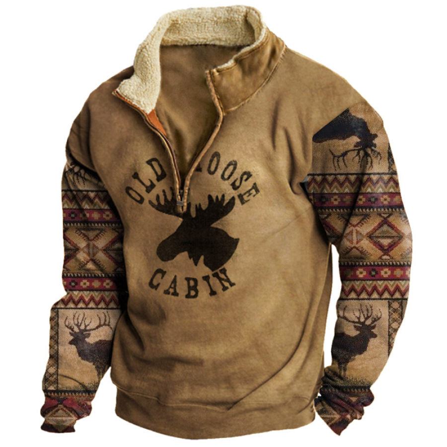 

Sudadera Para Hombre Retro Old Moose Estampado étnico Plus Forro Polar Cuello Medio Abierto Jersey