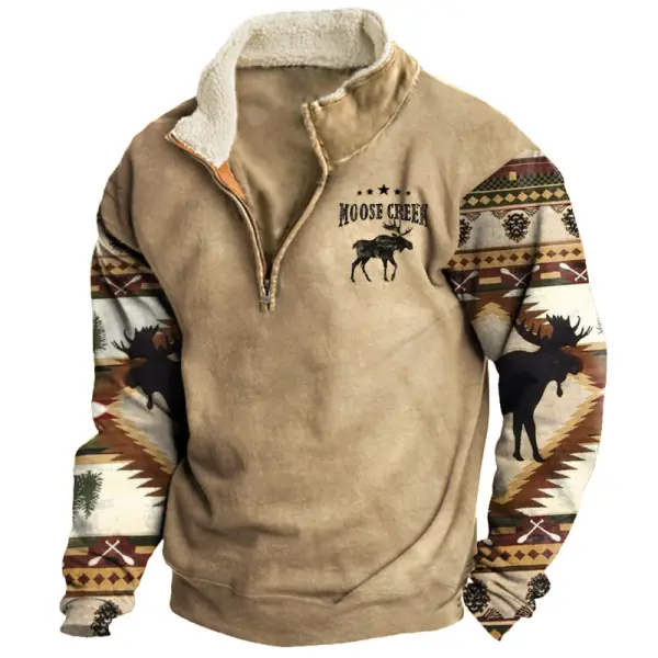 Men's Sweatshirt Retro Moose Creek Ethnic Print Plush Half Open Collar Pullover - Cotosen.com