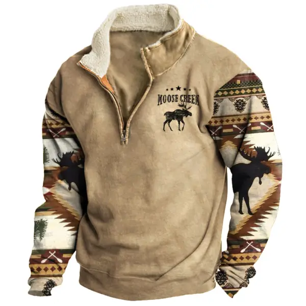 Men's Sweatshirt Retro Moose Creek Ethnic Print Plush Half Open Collar Pullover - Blaroken.com 