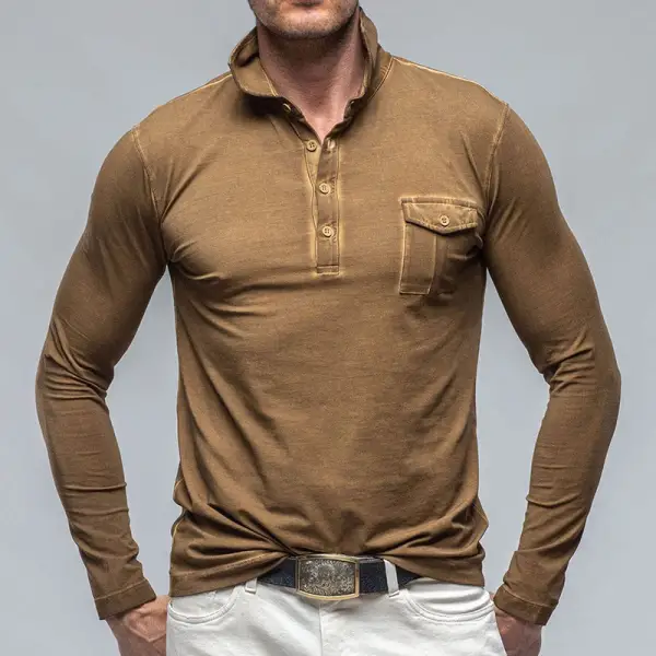 Men's Long Sleeve Polo Bottoming Vintage Pocket T-Shirt - Cotosen.com