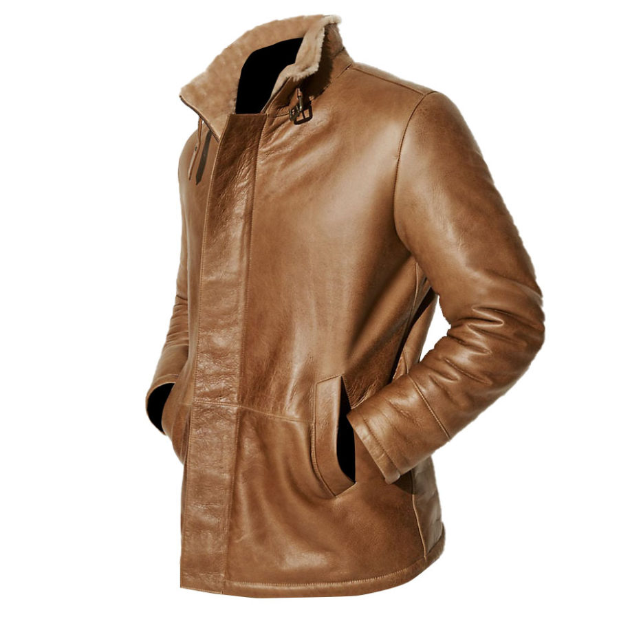 

Chaqueta De Piel De Oveja Para Hombre Polar De Cuero Cuello Alto Vintage Caramelo Al Aire Libre