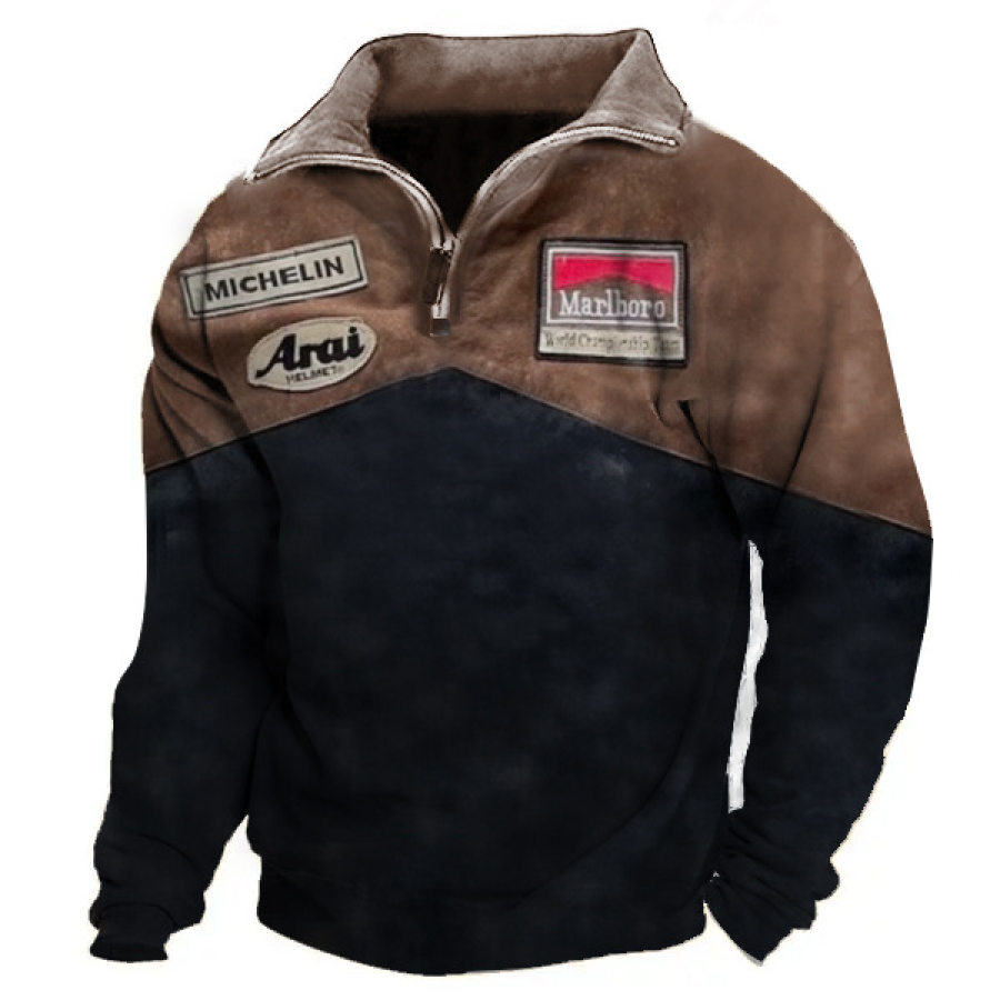 

Felpa Pullover Tattica Da Uomo Con Stampa Vintage Racing Con Zip E Collo Polo