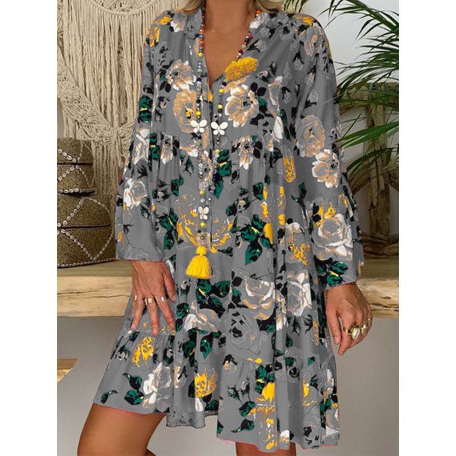 

Vestido Con Volantes Y Manga Tres Cuartos Con Estampado Floral Cuello En V Y Botones Para Mujer