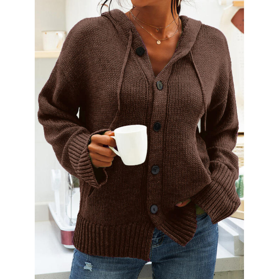 

Women's Hooded Knitted Long Sleeve Buttoned Cardigan Drawstring Knitted Sweater