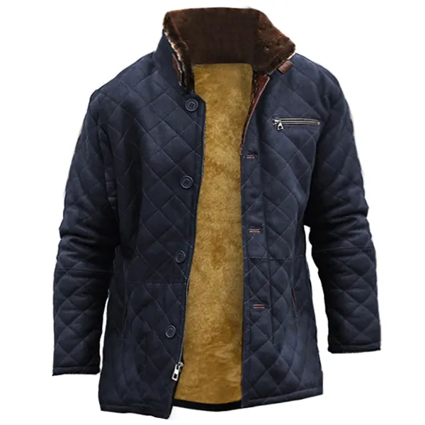 Men Vintage Hayes Quilted Shearling Sheepskin Car Coat Zip Pocket Tactical Jacket - Cotosen.com