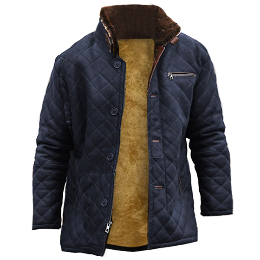 

Men Vintage Quilted Leather Jacket Outdoor Zip Pocket Warmth Coat