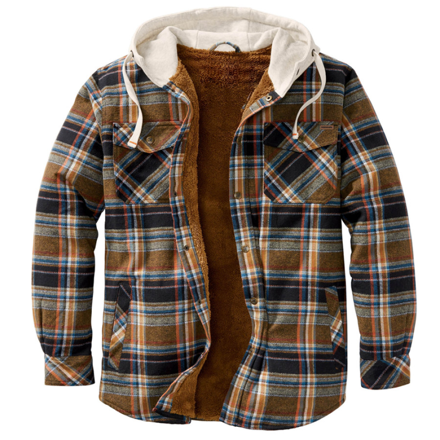 

Veste Chemise à Carreaux Marron Rétro Pour Hommes Manteau En Flanelle à Capuche Doublé En Polaire